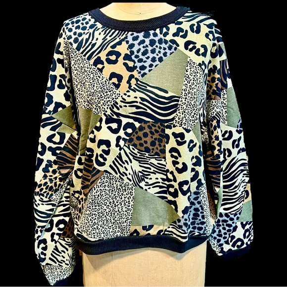 VINTAGE 80s animal safari print mixed long sleeve boxy shirt cheetah zebra tiger - Picture 1 of 12